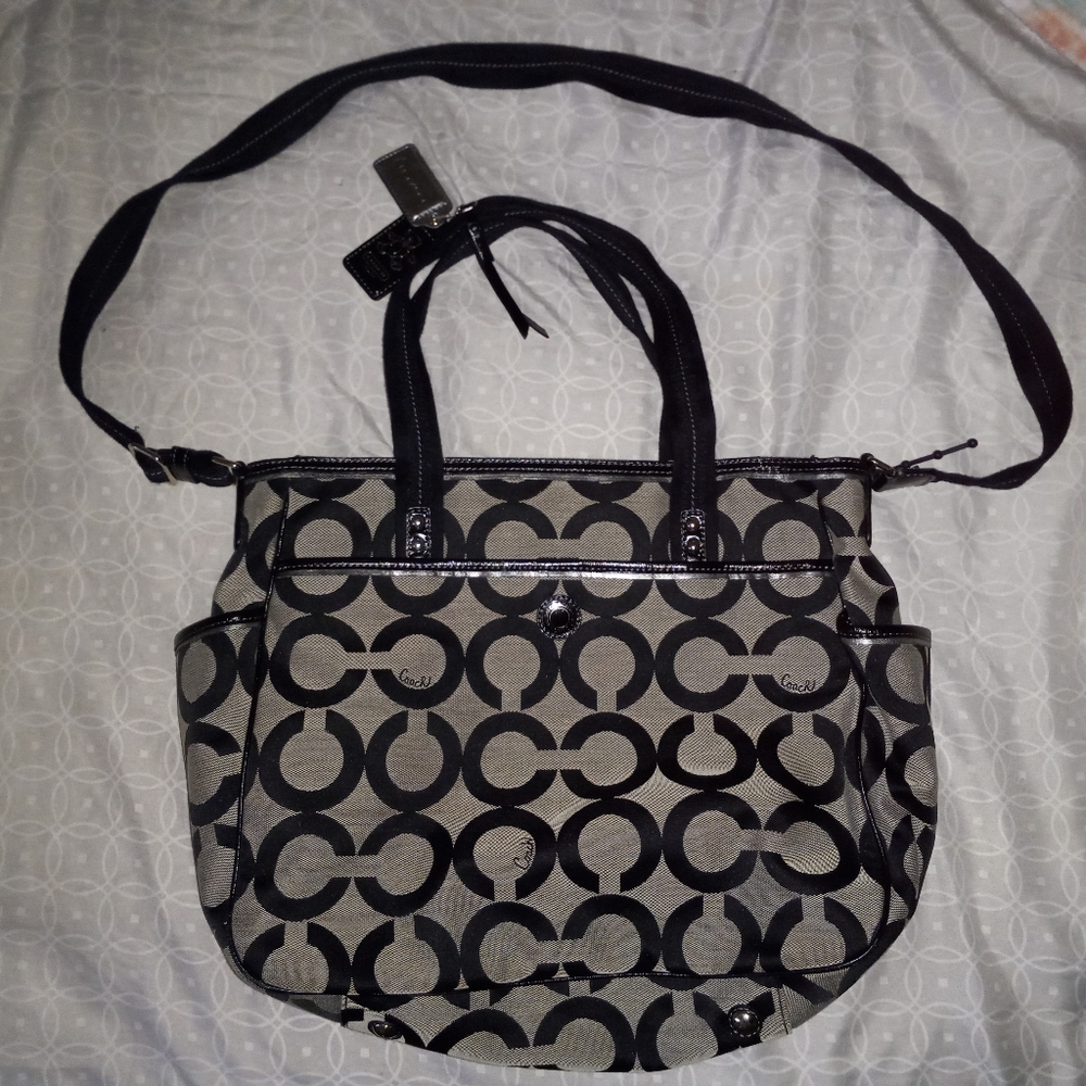 Coach Diaper Bag Madison Op Art Tan & Black Round C